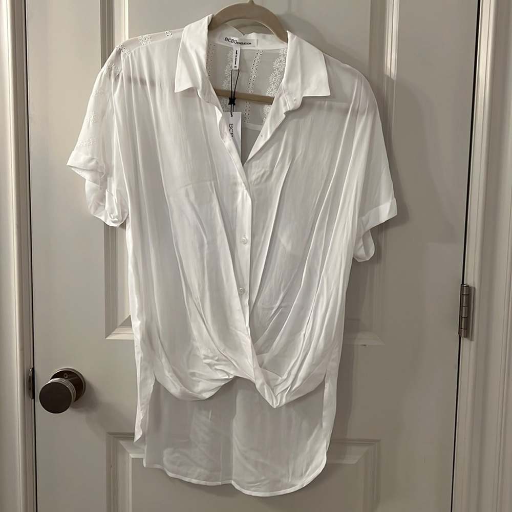 BCBG white blouse high low